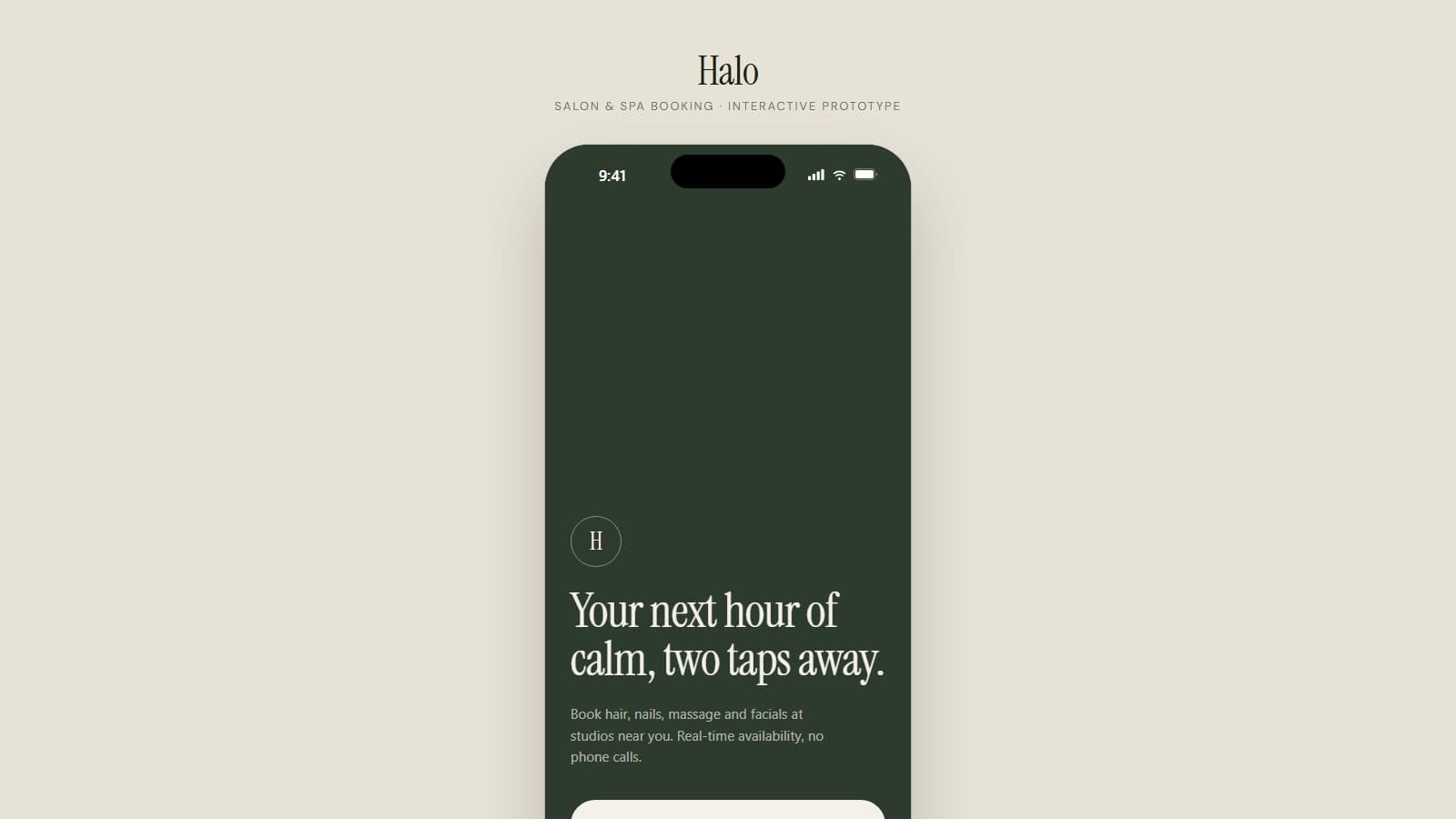 Halo salon booking app concept — phone frame showing the opening screen, 'Your next hour of calm, two taps away'